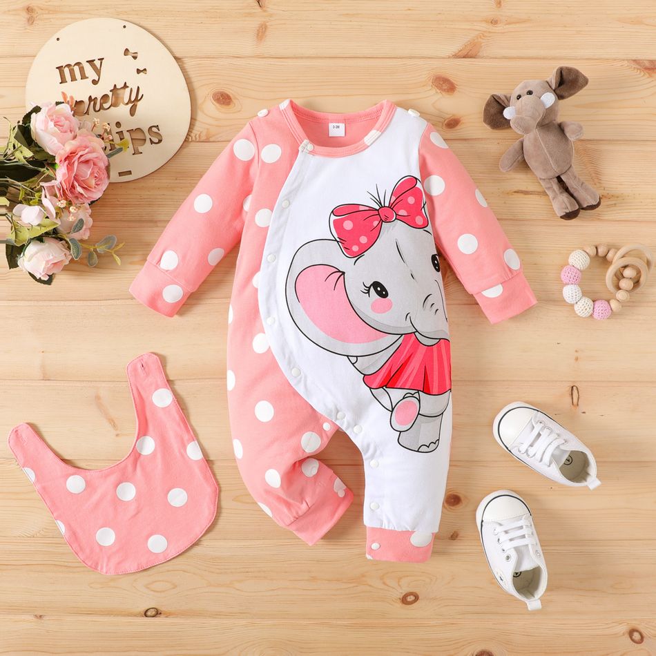 2pcs Baby Girl 95% Cotton Long-sleeve Polka Dot & Elephant Print Spliced Jumpsuit with Bib Set Pink big image 1