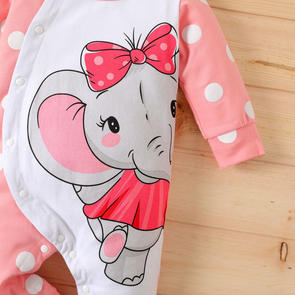 2pcs Baby Girl 95% Cotton Long-sleeve Polka Dot & Elephant Print Spliced Jumpsuit with Bib Set Pink big image 2