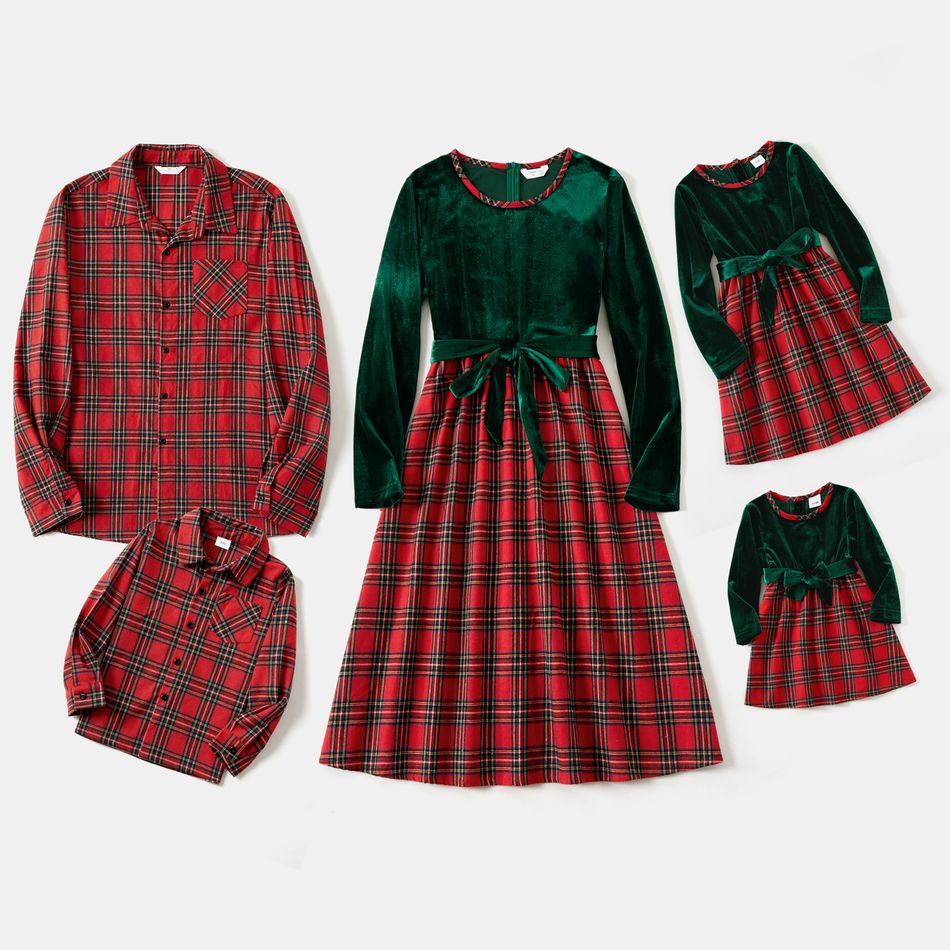 Family Matching Velvet Spliced Red Plaid Dresses and Long-sleeve Button Up Shirts Sets Green big image 1