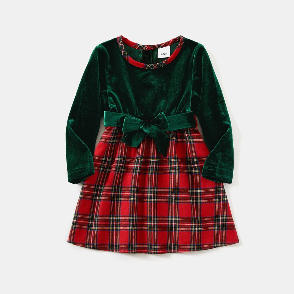 Family Matching Velvet Spliced Red Plaid Dresses and Long-sleeve Button Up Shirts Sets Green big image 10