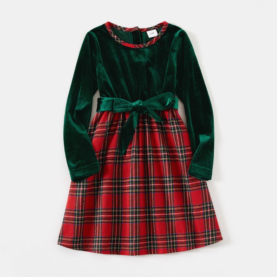 Family Matching Velvet Spliced Red Plaid Dresses and Long-sleeve Button Up Shirts Sets Green big image 8