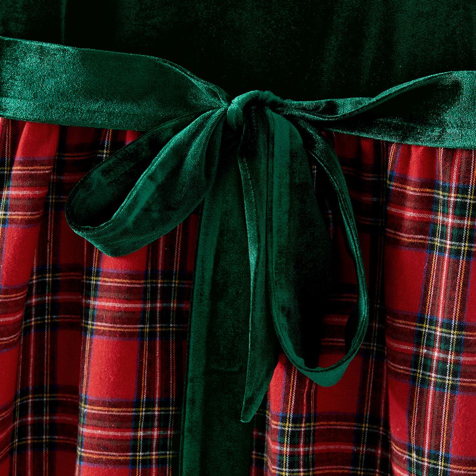 Family Matching Velvet Spliced Red Plaid Dresses and Long-sleeve Button Up Shirts Sets Green big image 6