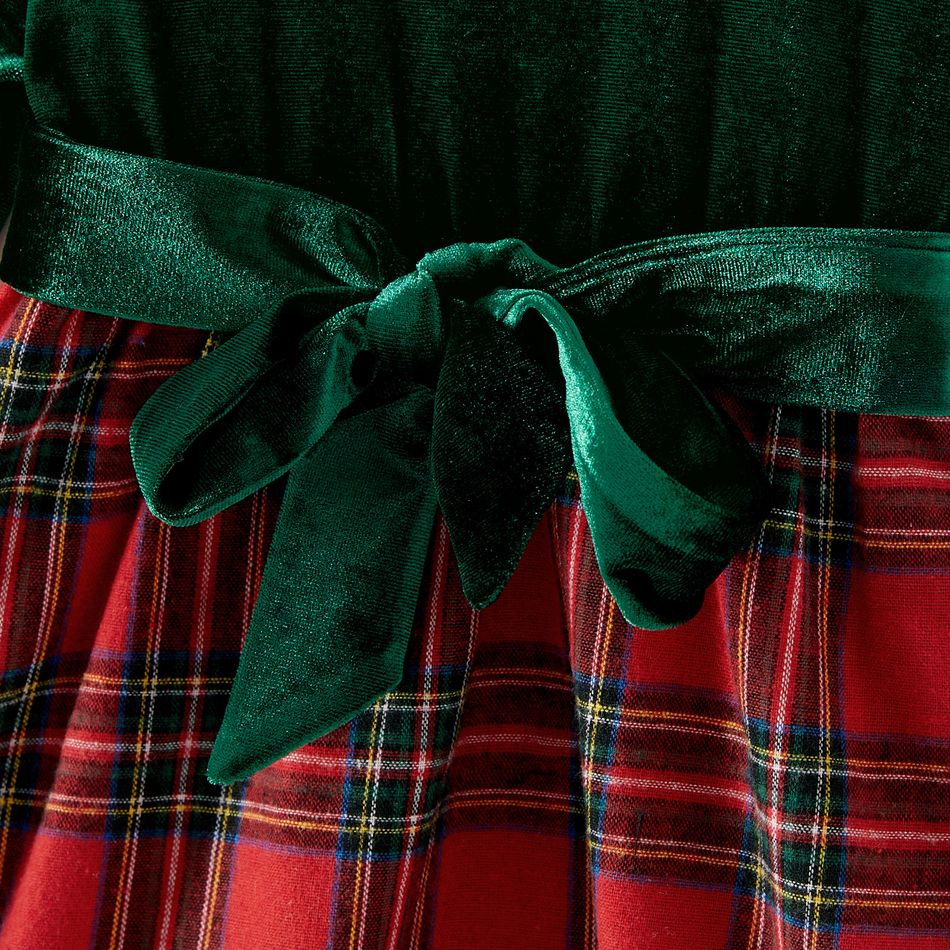 Family Matching Velvet Spliced Red Plaid Dresses and Long-sleeve Button Up Shirts Sets Green big image 9