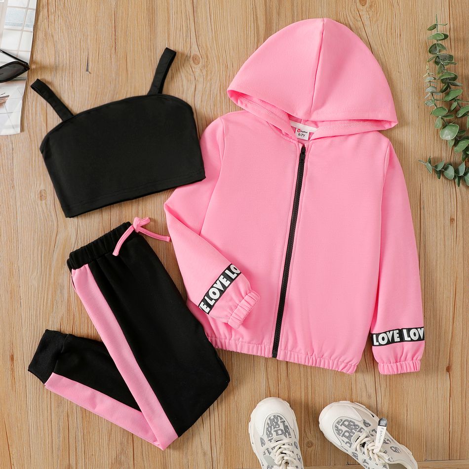 3pcs Kid Girl Black Camisole & Letter Print Hooded Jacket and Colorblock Pants Set Pink big image 1