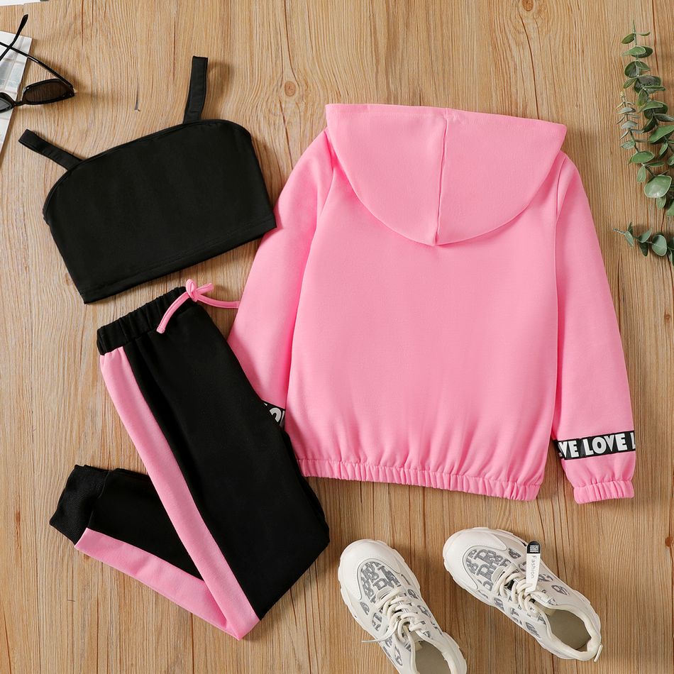 3pcs Kid Girl Black Camisole & Letter Print Hooded Jacket and Colorblock Pants Set Pink big image 2