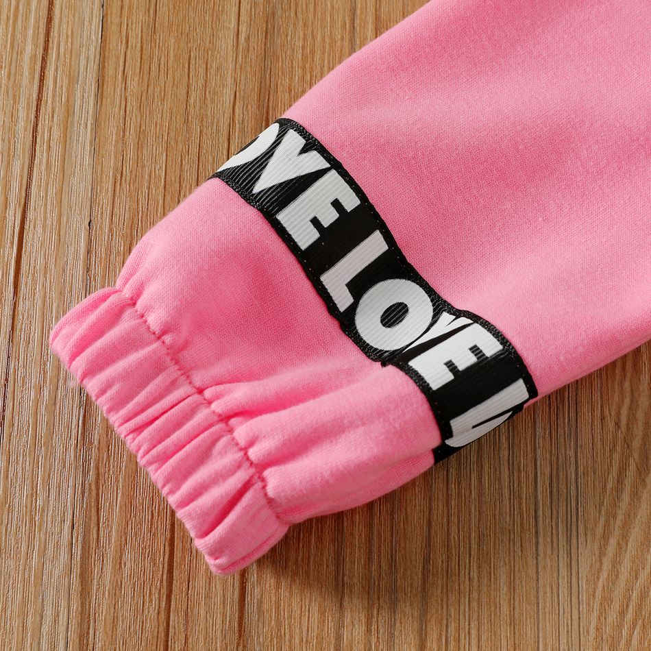 3pcs Kid Girl Black Camisole & Letter Print Hooded Jacket and Colorblock Pants Set Pink big image 3