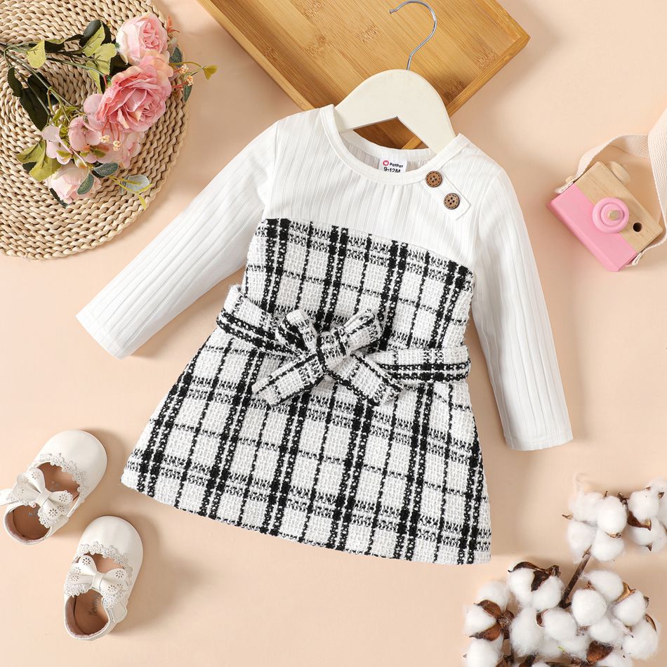 Baby Girl Rib Knit Spliced Plaid Tweed Belted Long-sleeve Dress White big image 1