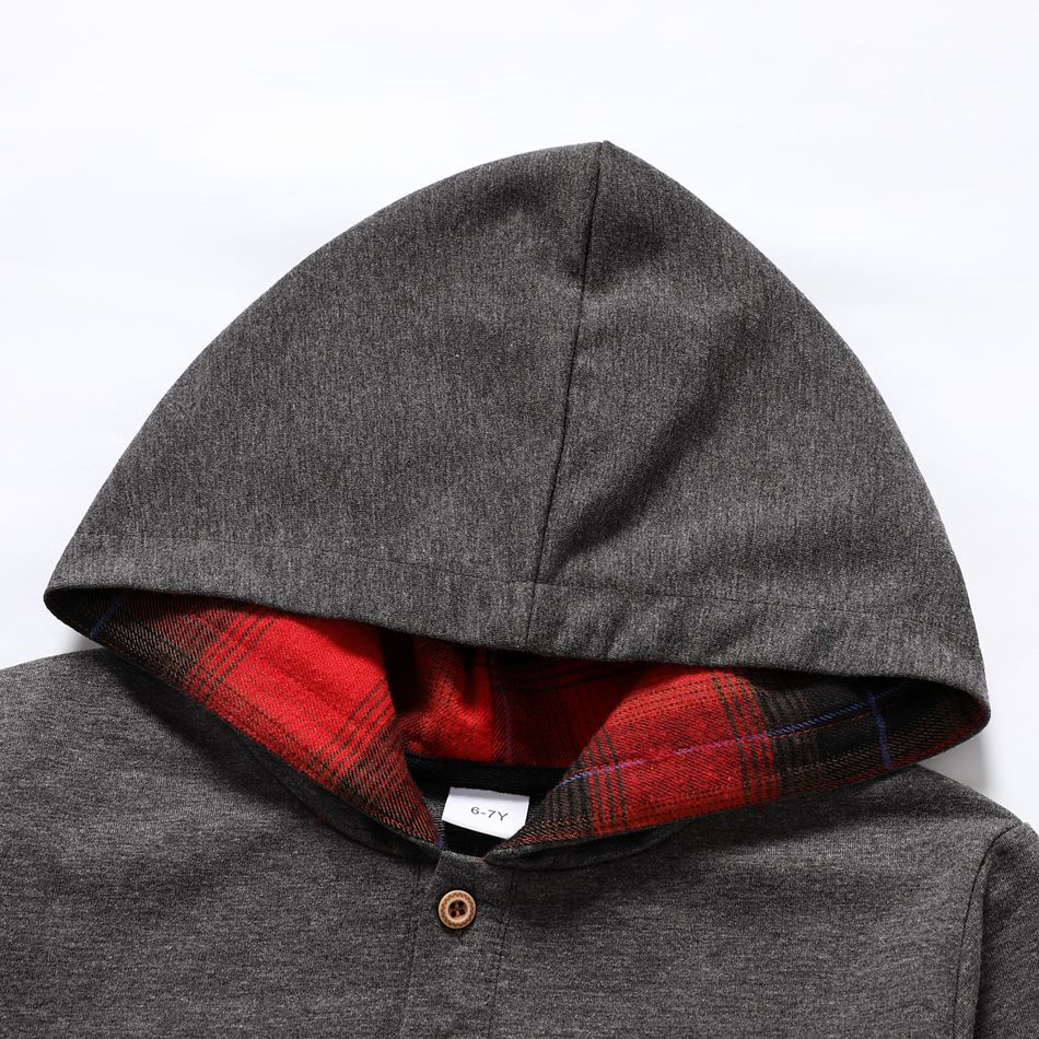 2pcs Kid Girl Plaid Splice Button Design Hoodie Sweatshirt and Pants Set Dark Grey big image 2