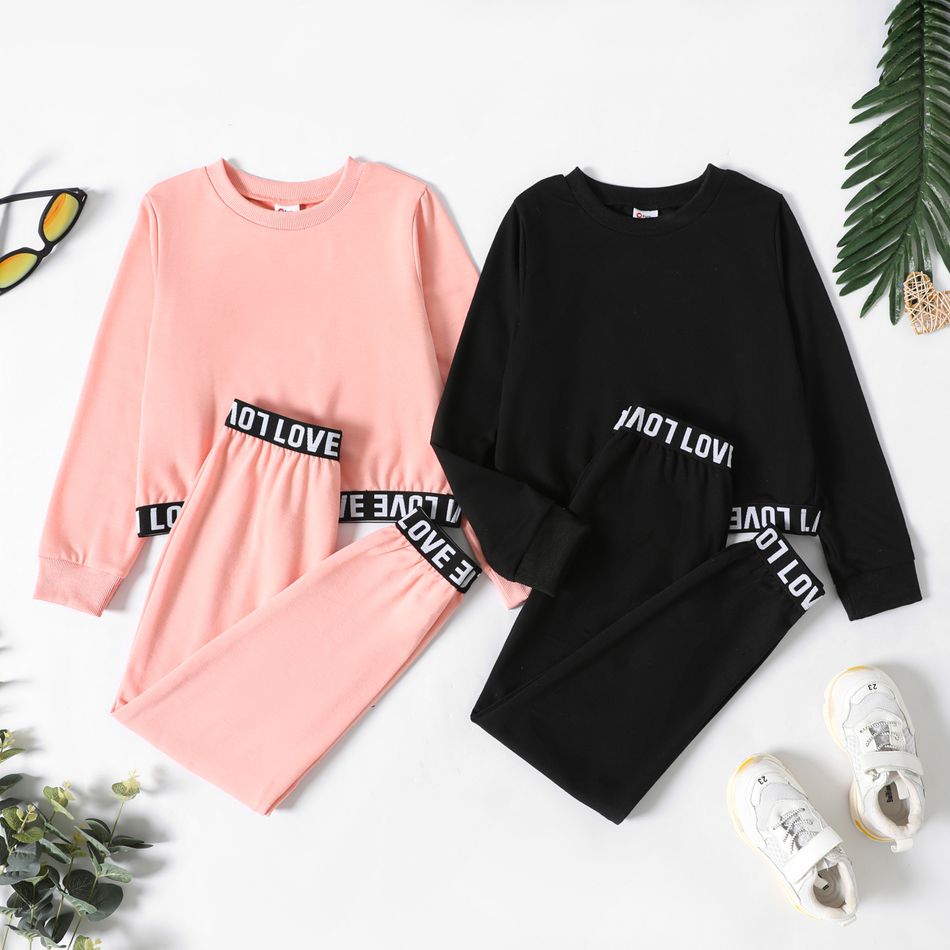 2pcs Kid Girl Letter Print Webbing Design Sweatshirt and Pants Set Pink big image 2