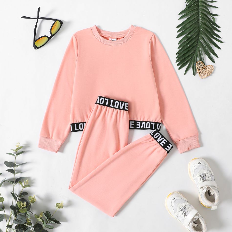 2pcs Kid Girl Letter Print Webbing Design Sweatshirt and Pants Set Pink big image 1