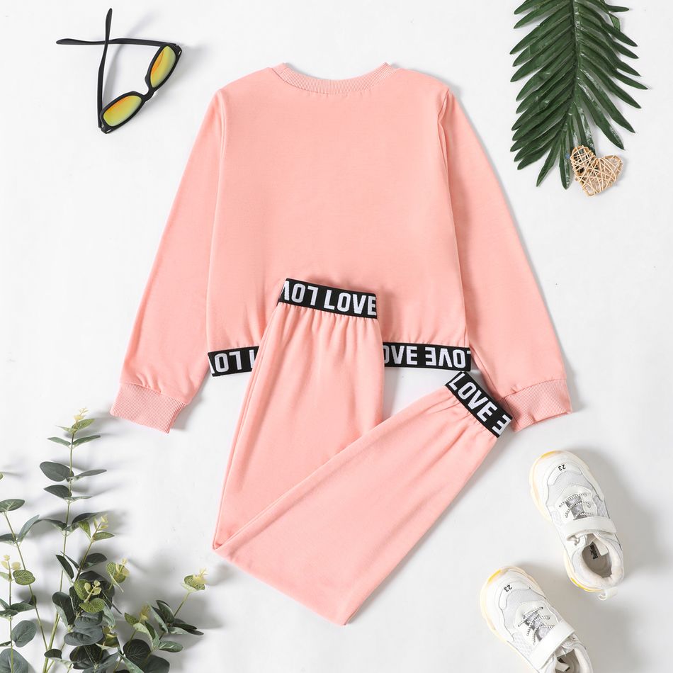 2pcs Kid Girl Letter Print Webbing Design Sweatshirt and Pants Set Pink big image 3
