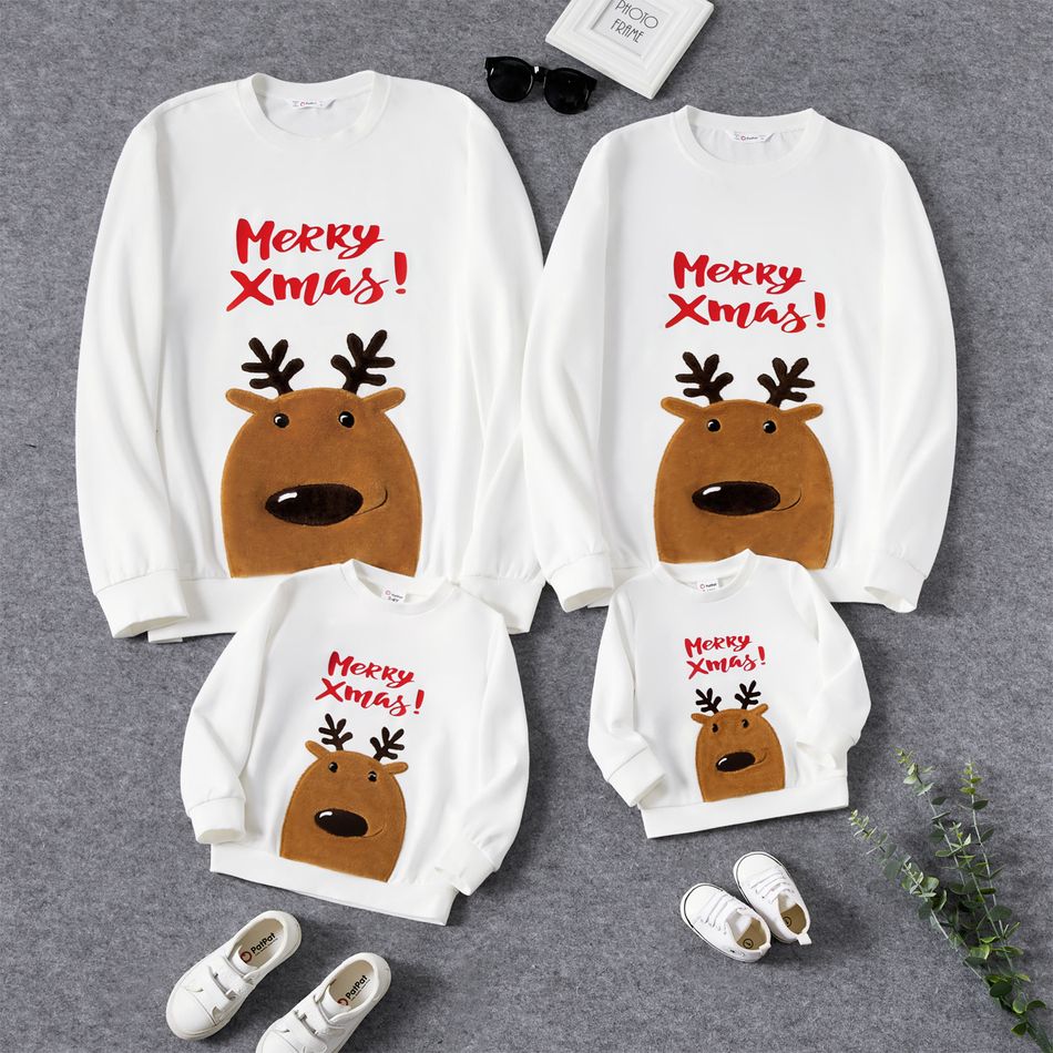 Christmas Family Matching Deer Embroidered Letter Print White Long-sleeve Sweatshirts White big image 1