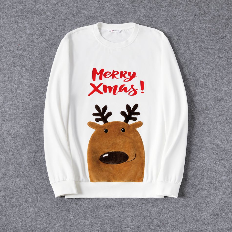Christmas Family Matching Deer Embroidered Letter Print White Long-sleeve Sweatshirts White big image 2