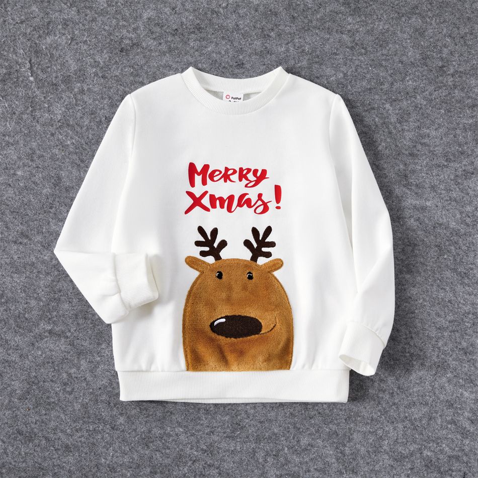 Christmas Family Matching Deer Embroidered Letter Print White Long-sleeve Sweatshirts White big image 7