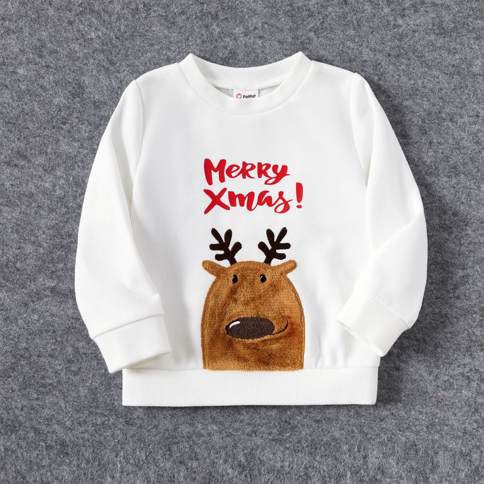 Christmas Family Matching Deer Embroidered Letter Print White Long-sleeve Sweatshirts White big image 9