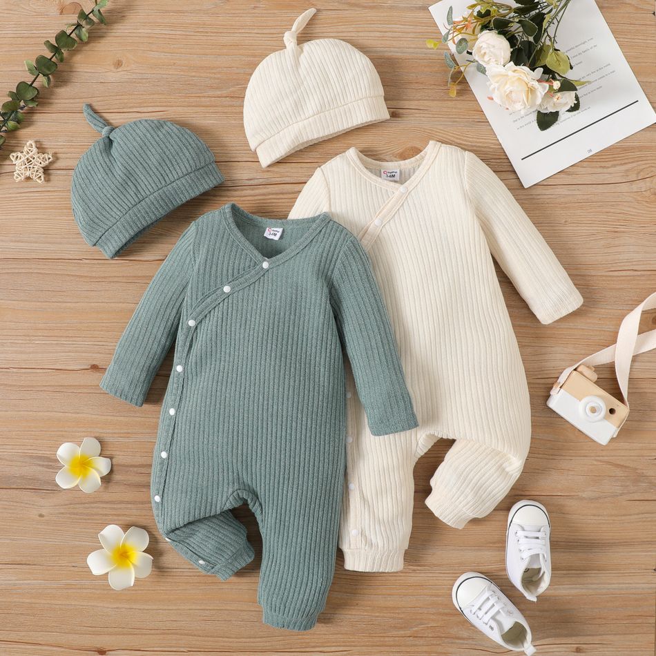 2pcs Baby Boy/Girl Solid Rib Knit Button Front Long-sleeve Jumpsuit with Hat Set Apricot big image 2