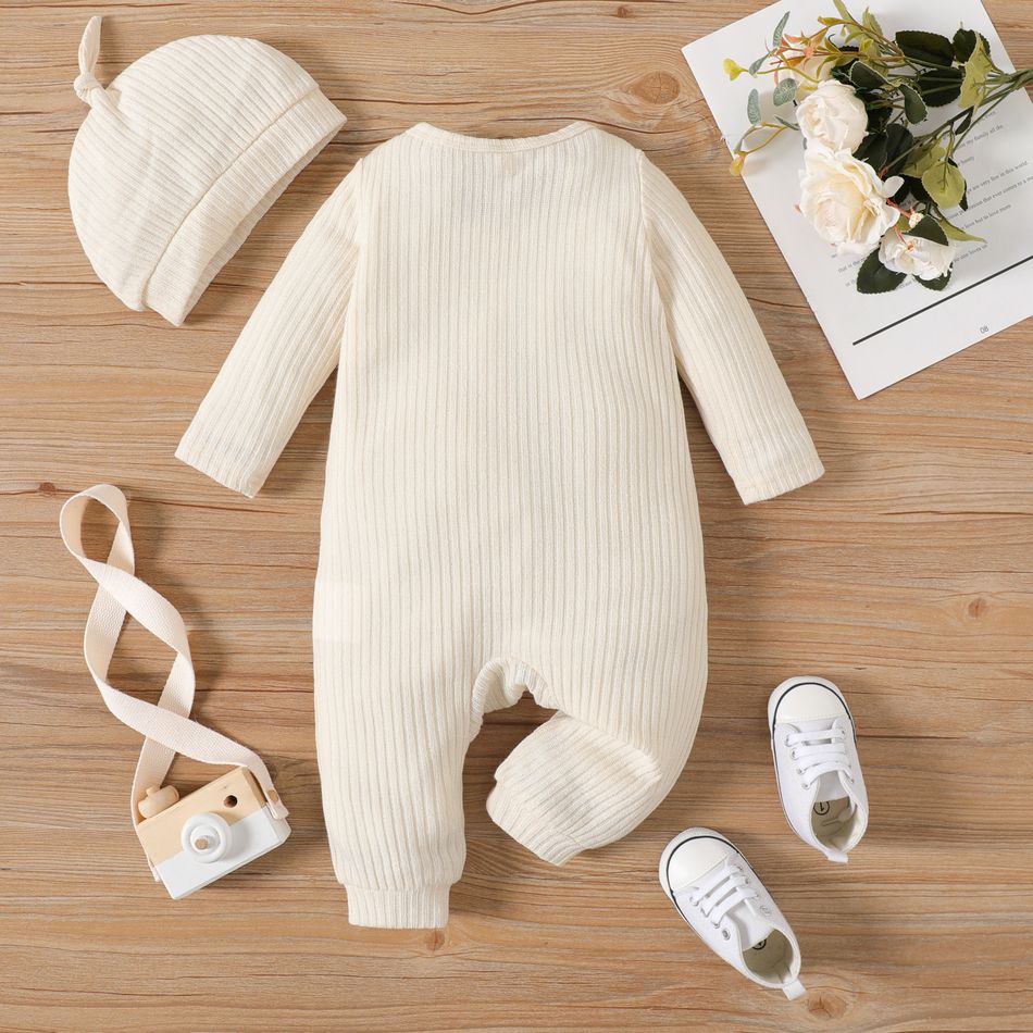 2pcs Baby Boy/Girl Solid Rib Knit Button Front Long-sleeve Jumpsuit with Hat Set Apricot big image 3