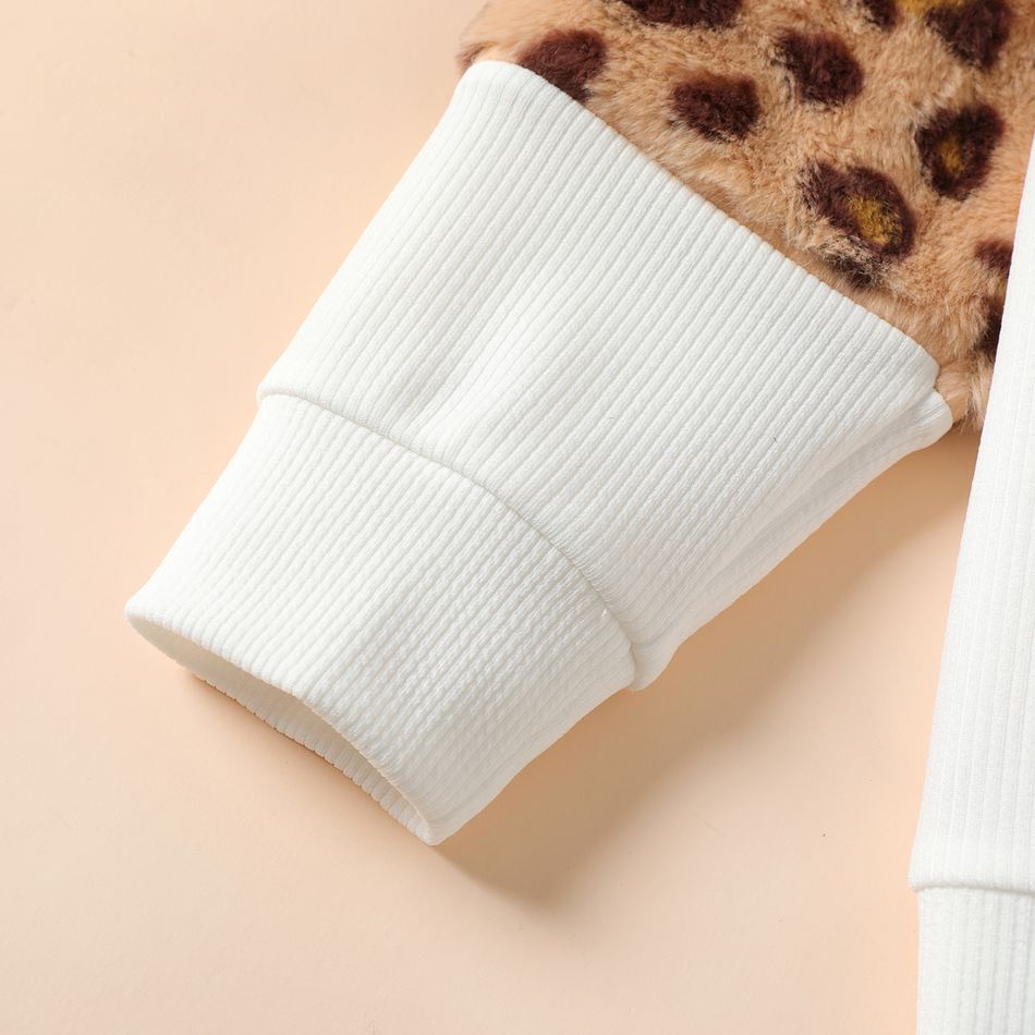 2pcs Kid Girl Leopard Print Fleece Splice Pullover Sweatshirt and Striped Leggings Set OffWhite big image 3