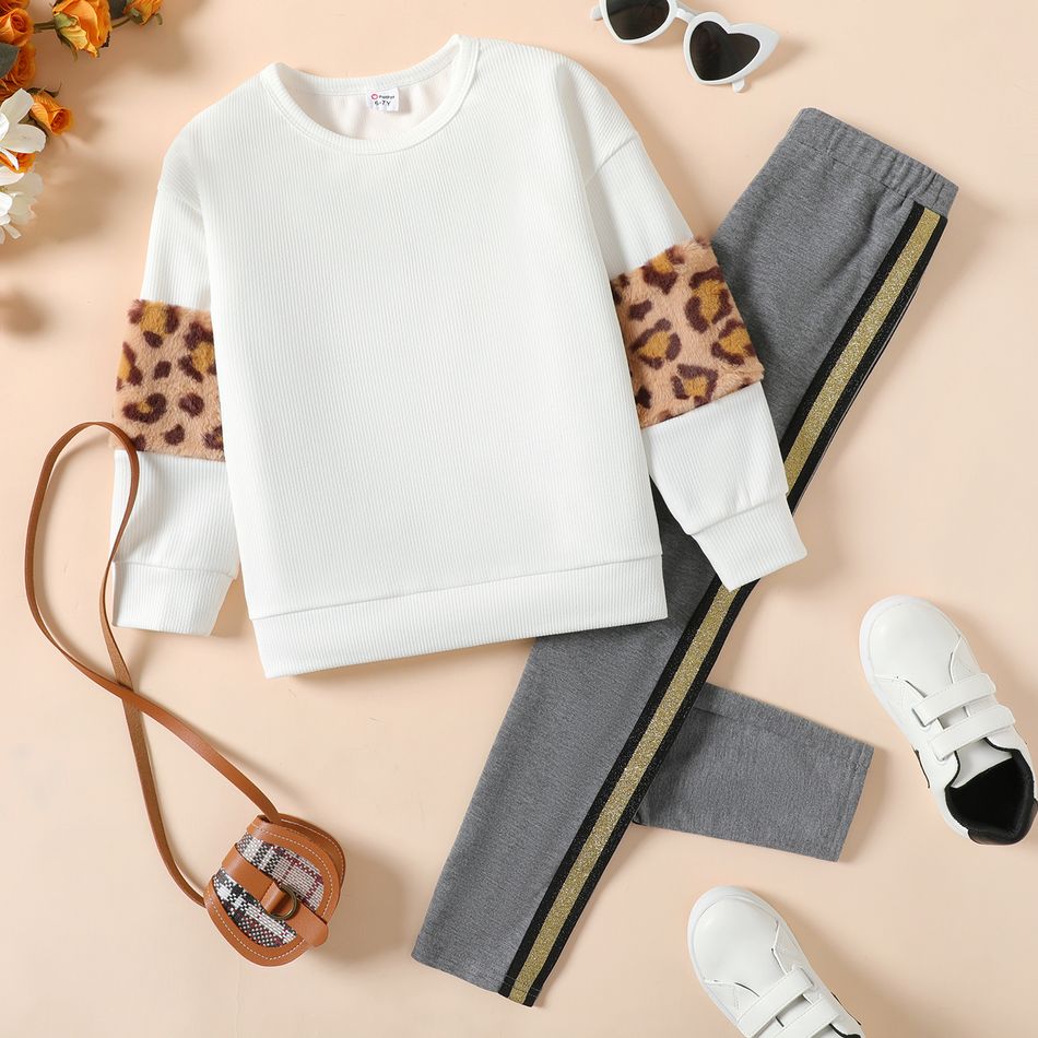 2pcs Kid Girl Leopard Print Fleece Splice Pullover Sweatshirt and Striped Leggings Set OffWhite big image 1