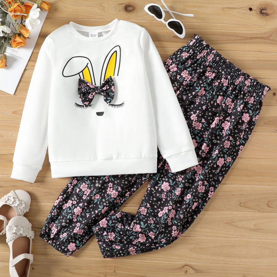 2pcs Kid Girl 3D Bowknot Design Rabbit Print Sweatshirt and Floral Print Pants Set White big image 1