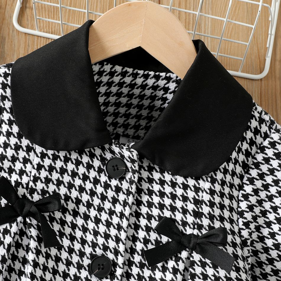 Kid Girl Bowknot Design Lapel Collar Houndstooth Coat Black/White big image 3