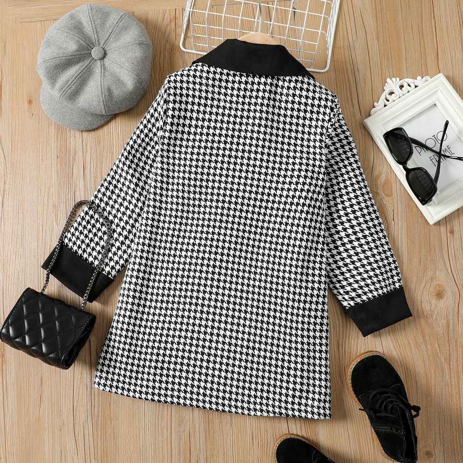 Kid Girl Bowknot Design Lapel Collar Houndstooth Coat Black/White big image 2