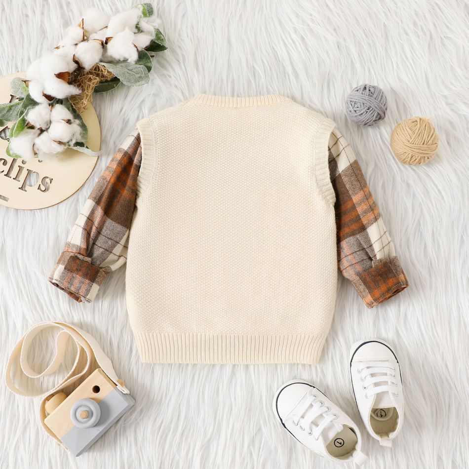 Baby Boy Plaid Long-sleeve Spliced Cable Knit Pullover Sweater Beige big image 7