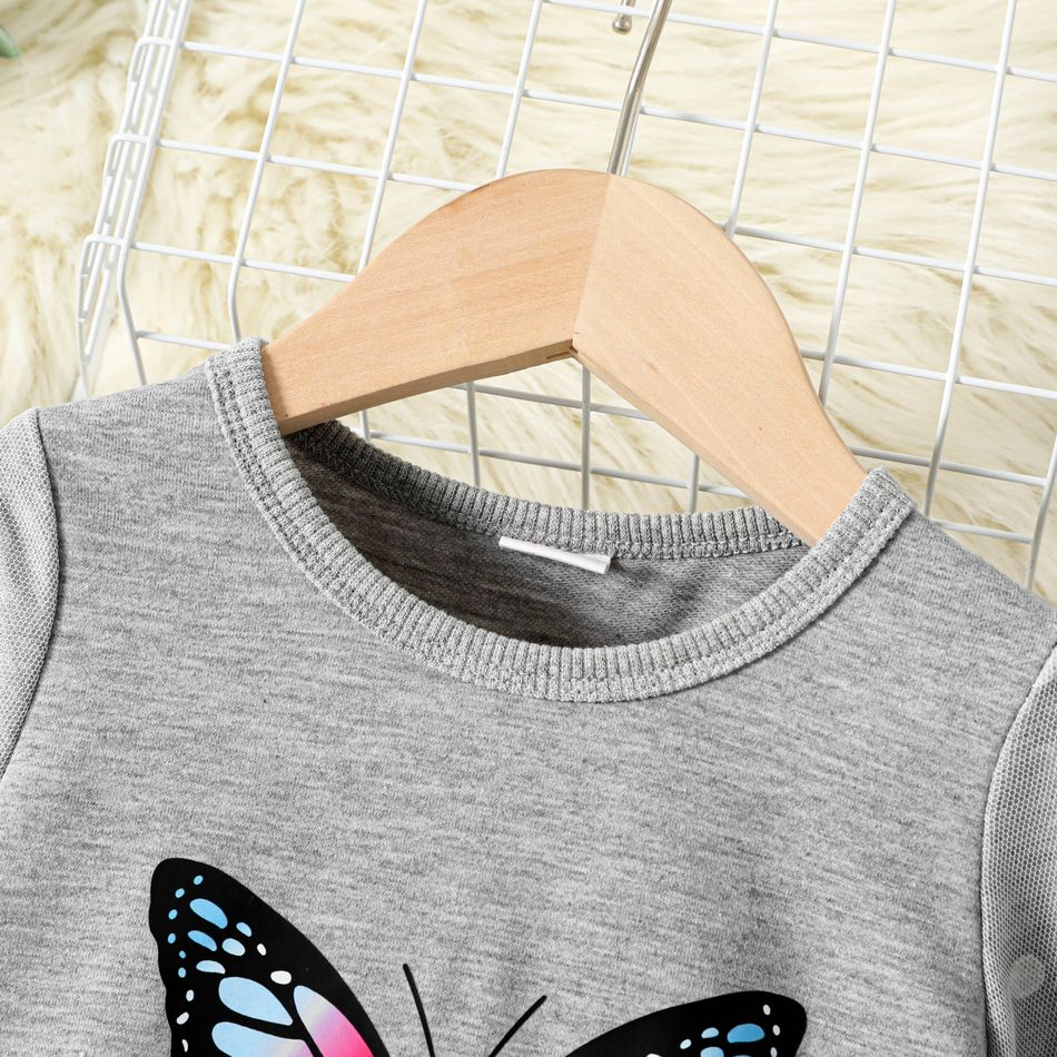 Toddler Girl Butterfly Polka Dots Mesh Layered Long-sleeve Grey Dress flowergrey big image 4