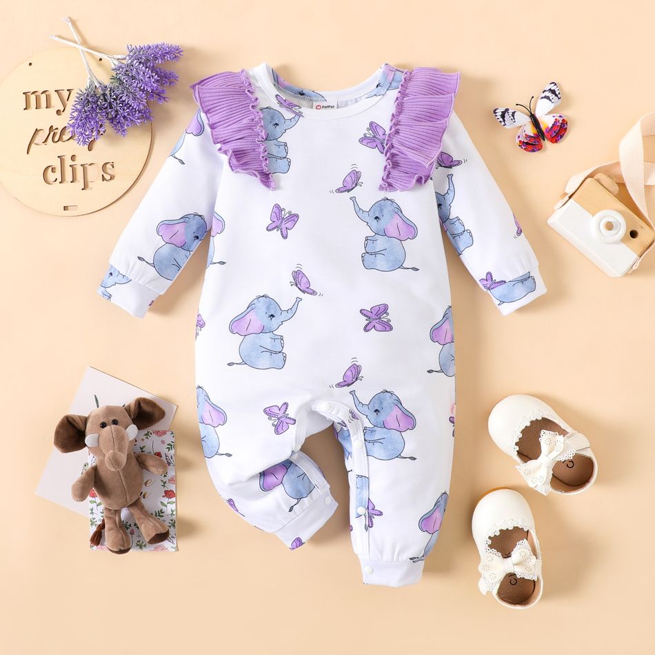 Baby Girl Allover Elephant & Butterfly Print Ruffle Trim Long-sleeve Jumpsuit Purple
