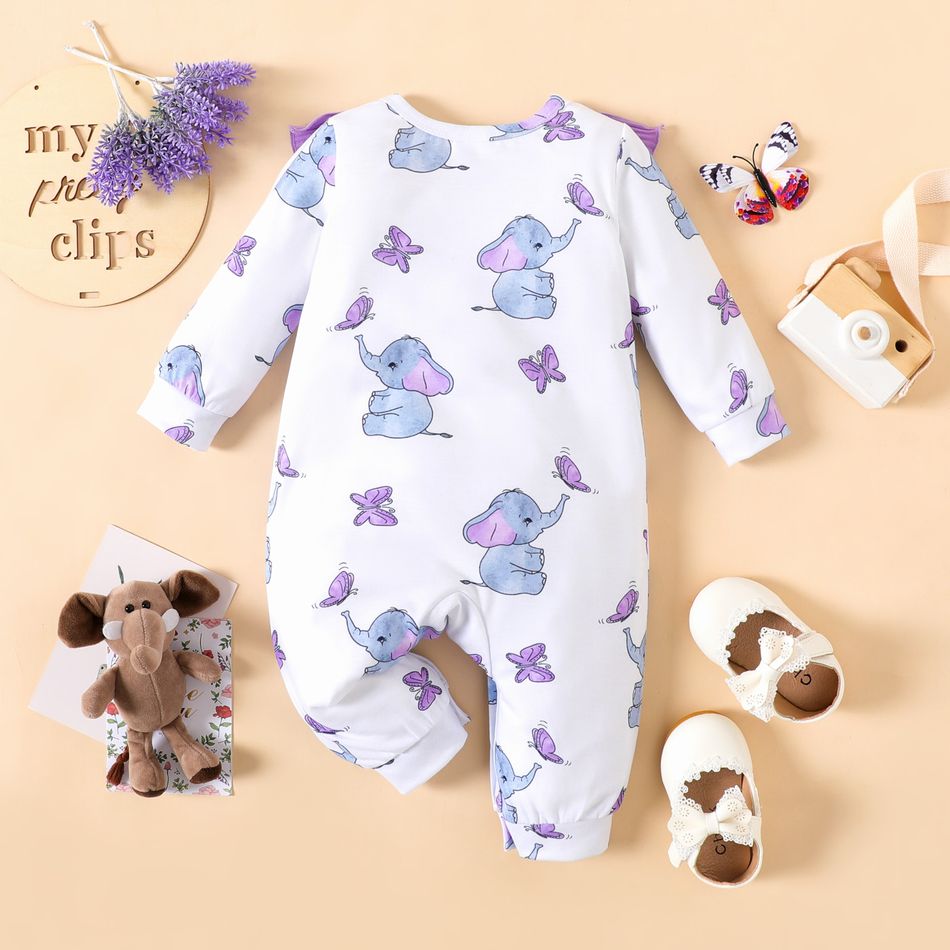 Baby Girl Allover Elephant & Butterfly Print Ruffle Trim Long-sleeve Jumpsuit Purple big image 2