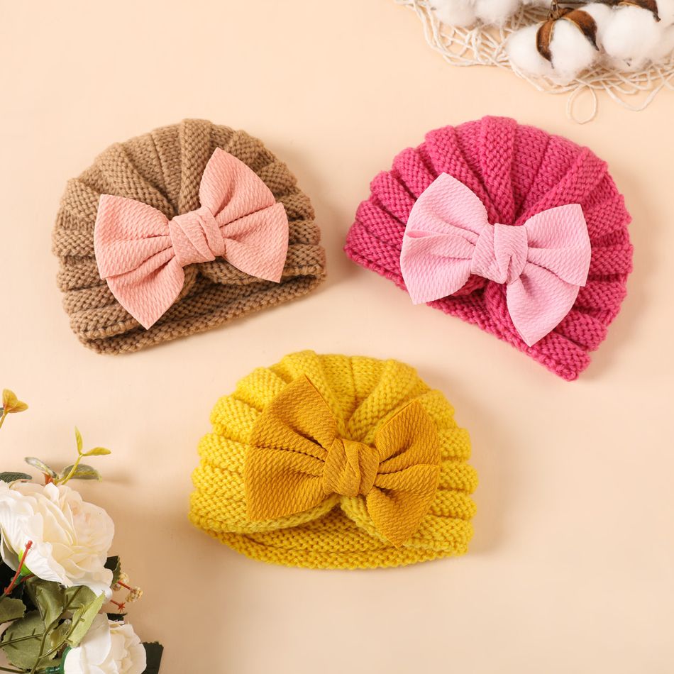 Baby / Toddler Bow Decor Knitted Beanie Hat Yellow big image 2