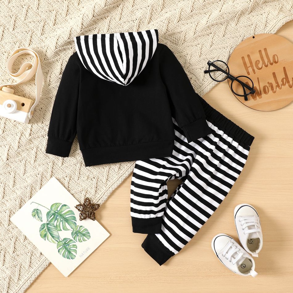 2pcs Baby Boy 95% Cotton Long-sleeve Animal & Letter Print Black Hoodie and Striped Sweatpants Set Black big image 2