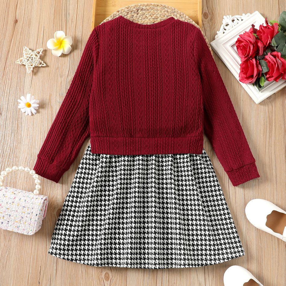 Kid Girl Faux-two Cable Knit Textured Houndstooth Splice Long-sleeve Dress MAROON