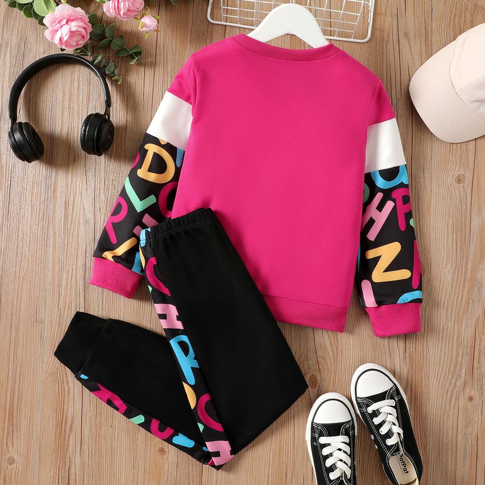2pcs Kid Girl Letter Print Colorblock Sweatshirt and Elasticized Pants Set Pink big image 2