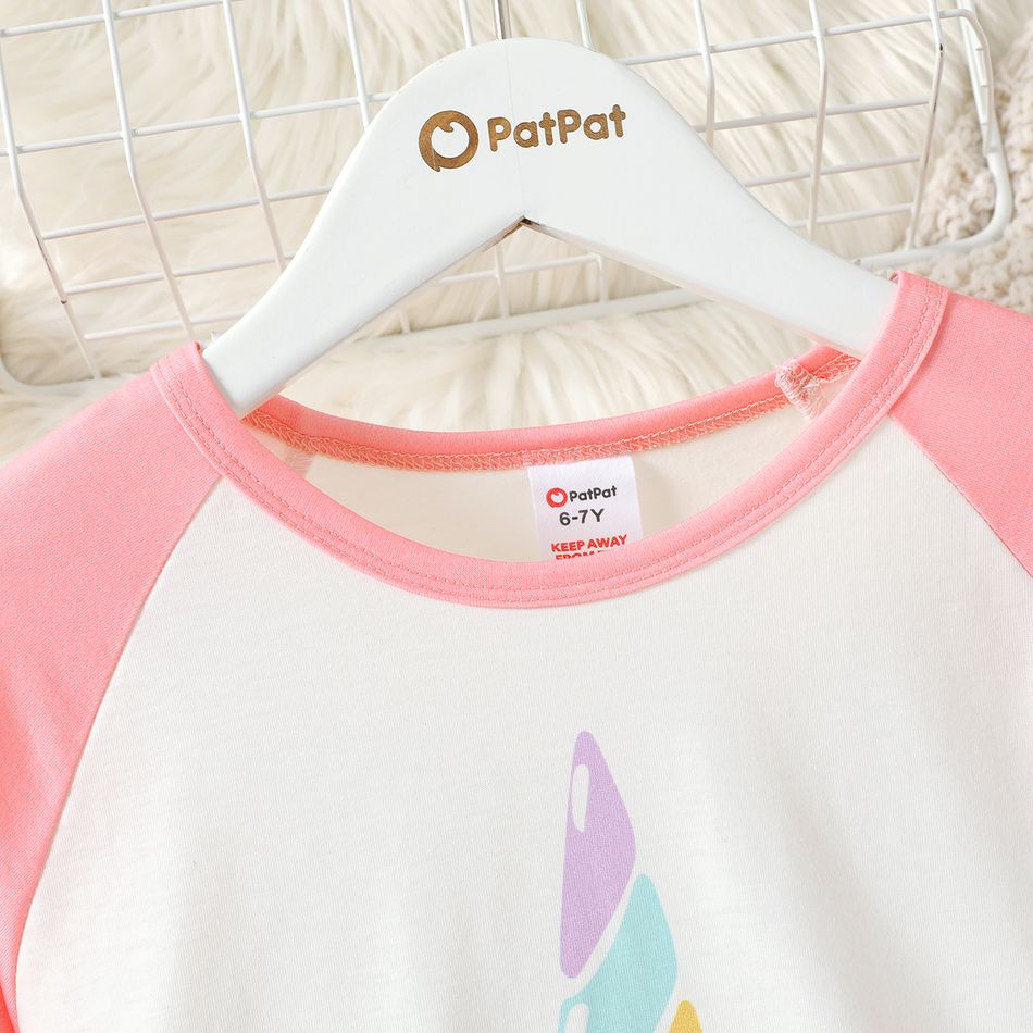 2pcs Kid Girl Unicorn Print Long-sleeve Tee and Pink Pants Pajamas Set ColorBlock big image 3