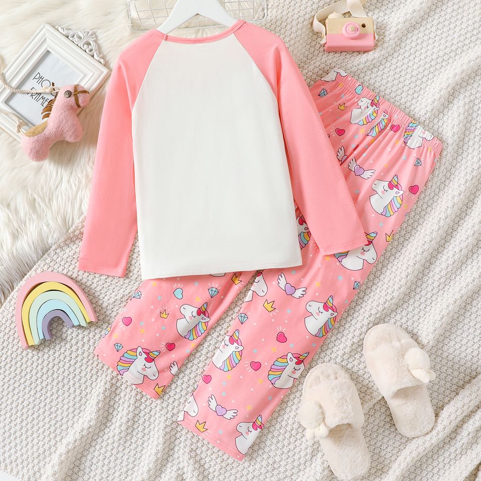 2pcs Kid Girl Unicorn Print Long-sleeve Tee and Pink Pants Pajamas Set ColorBlock big image 2