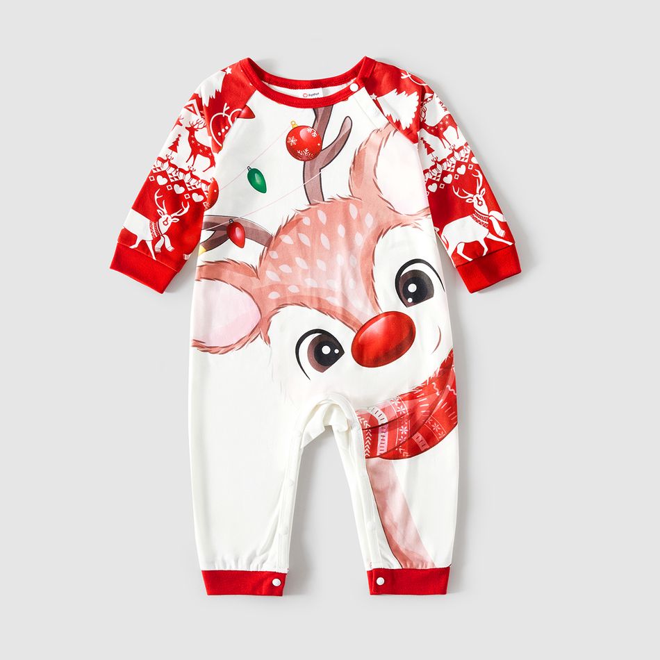 Christmas Deer & Lights Print Red Family Matching Raglan-sleeve Pajamas Sets (Flame Resistant) REDWHITE big image 14