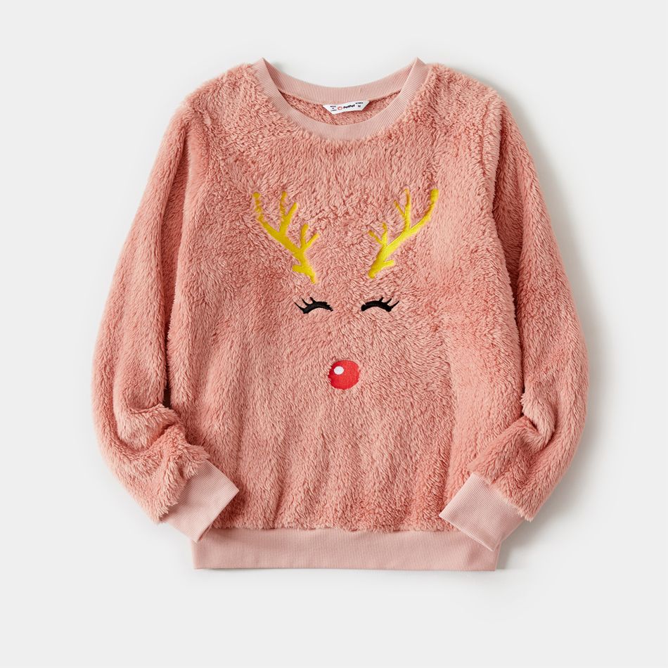 Christmas Deer Pattern Embroidered Pink Fuzzy Long-sleeve Pullover for Mom and Me DarkPink big image 4