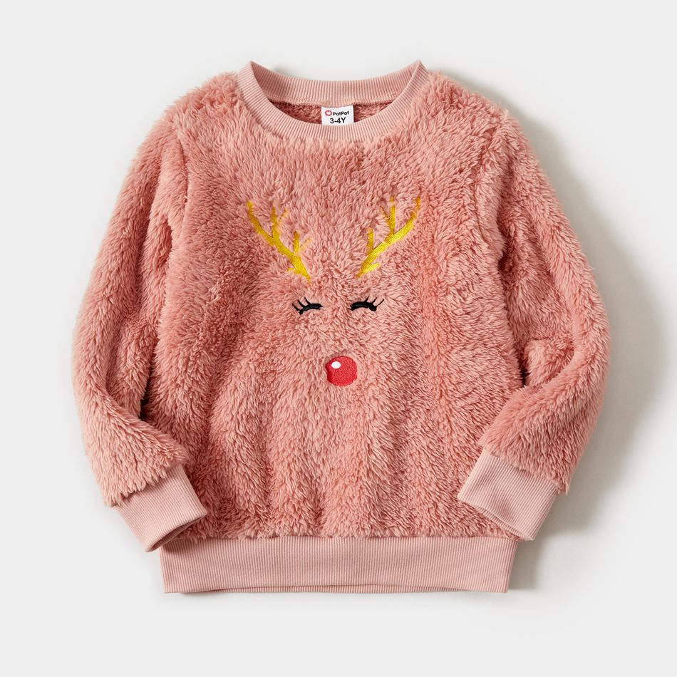Christmas Deer Pattern Embroidered Pink Fuzzy Long-sleeve Pullover for Mom and Me DarkPink big image 2