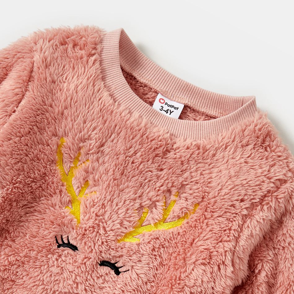 Christmas Deer Pattern Embroidered Pink Fuzzy Long-sleeve Pullover for Mom and Me DarkPink big image 6