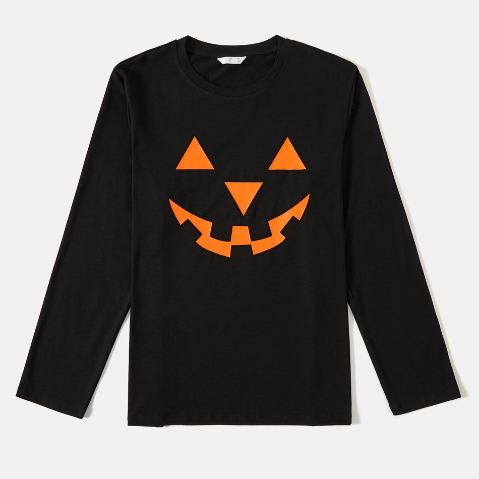 Halloween Family Matching Solid Spliced Pumpkin Print Scallop Edge Long-sleeve Belted Dresses and T-shirts Sets Black big image 10