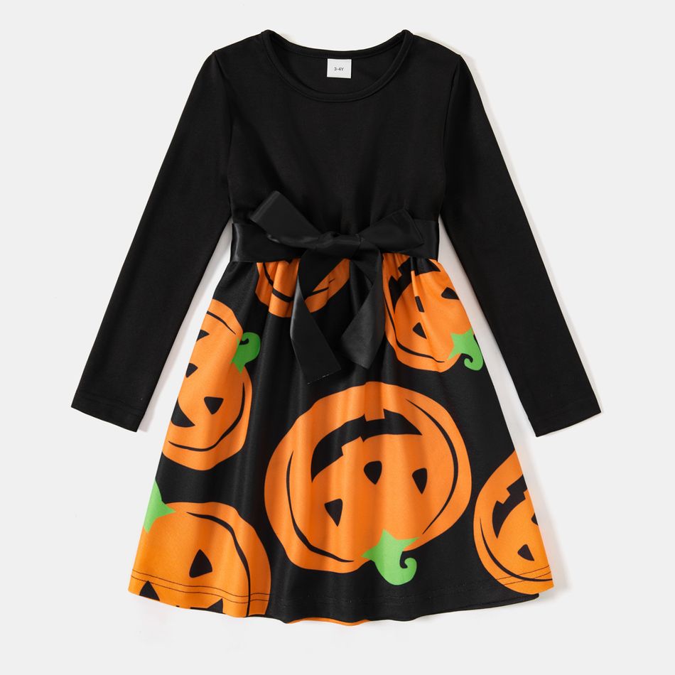 Halloween Family Matching Solid Spliced Pumpkin Print Scallop Edge Long-sleeve Belted Dresses and T-shirts Sets Black big image 4