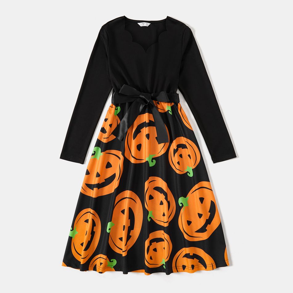 Halloween Family Matching Solid Spliced Pumpkin Print Scallop Edge Long-sleeve Belted Dresses and T-shirts Sets Black big image 2