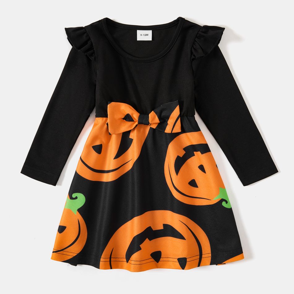 Halloween Family Matching Solid Spliced Pumpkin Print Scallop Edge Long-sleeve Belted Dresses and T-shirts Sets Black big image 7