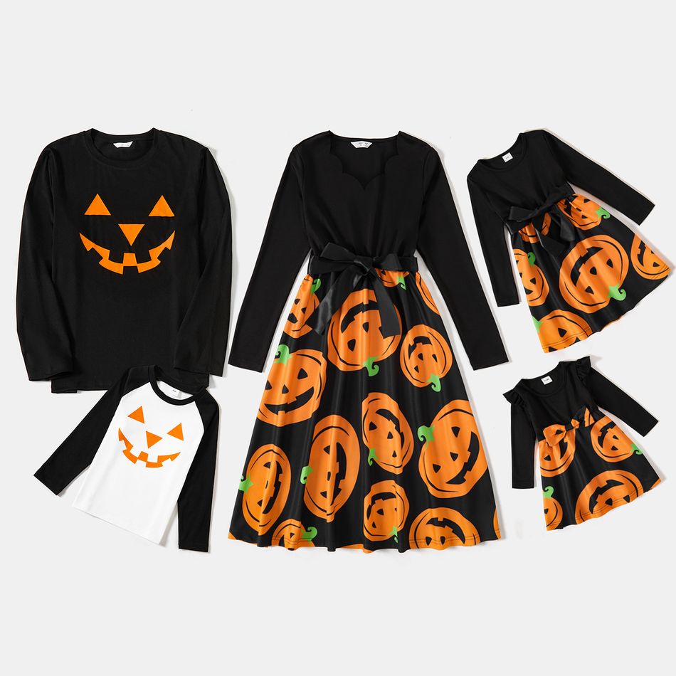 Halloween Family Matching Solid Spliced Pumpkin Print Scallop Edge Long-sleeve Belted Dresses and T-shirts Sets Black