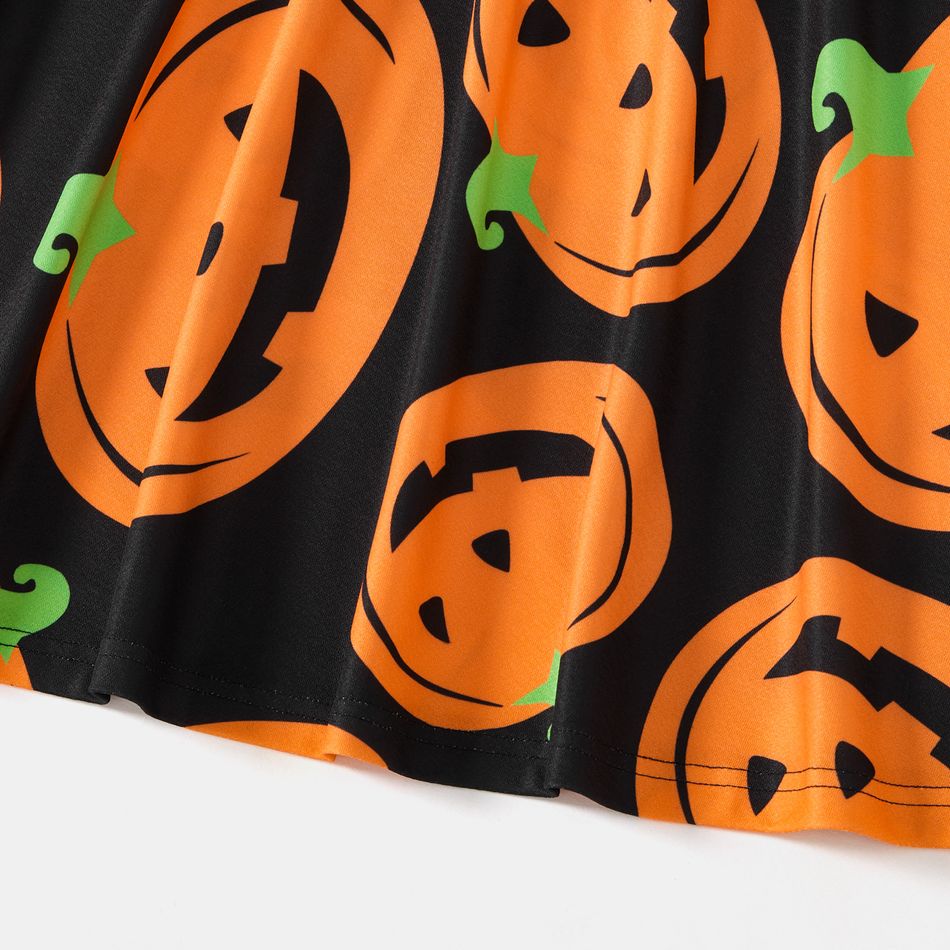 Halloween Family Matching Solid Spliced Pumpkin Print Scallop Edge Long-sleeve Belted Dresses and T-shirts Sets Black big image 6