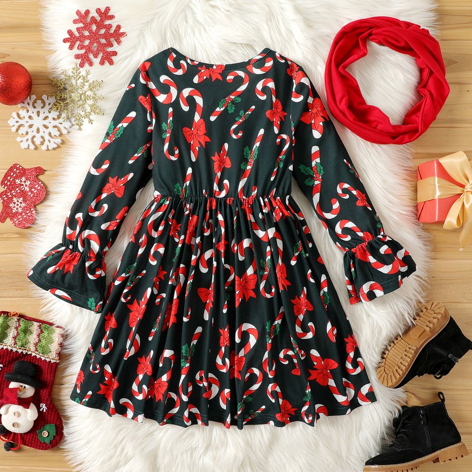 Kid Girl Christmas Graphic Allover Print Long-sleeve Dress with Scarf blackishgreen big image 4