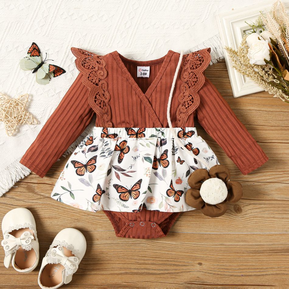Baby Girl Lace Detail Rib Knit Spliced Butterfly Print Long-sleeve Romper Brown big image 1