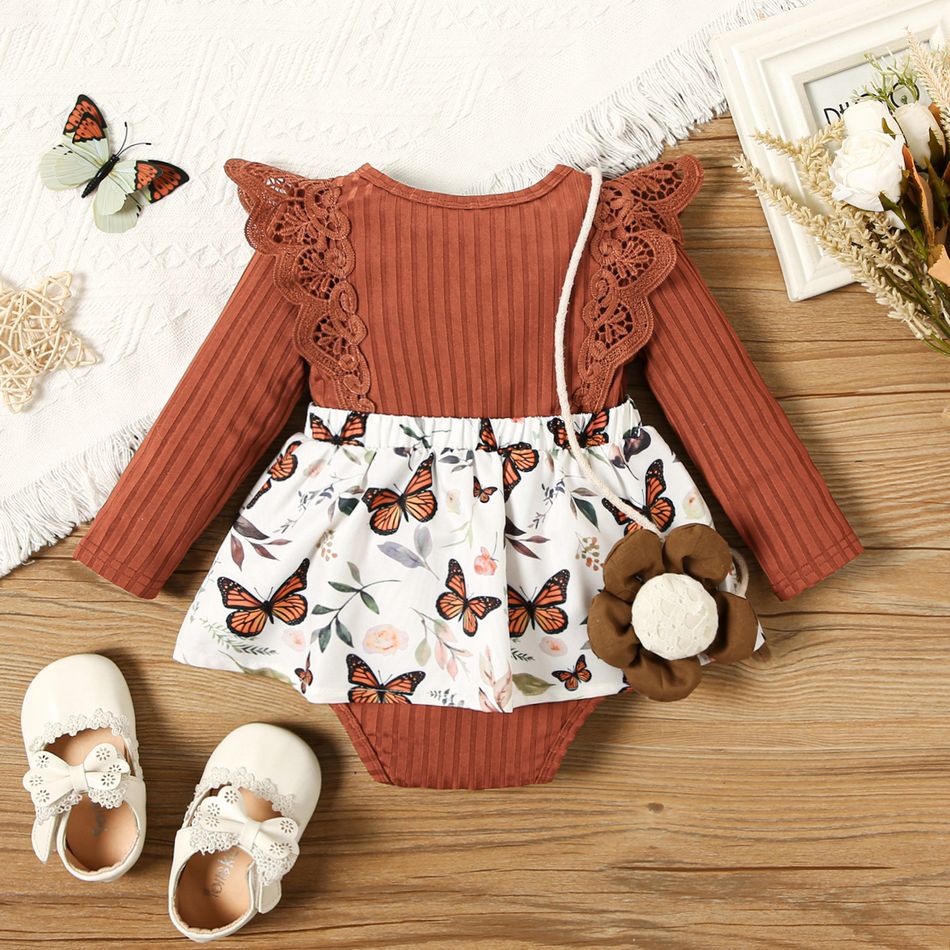 Baby Girl Lace Detail Rib Knit Spliced Butterfly Print Long-sleeve Romper Brown big image 2