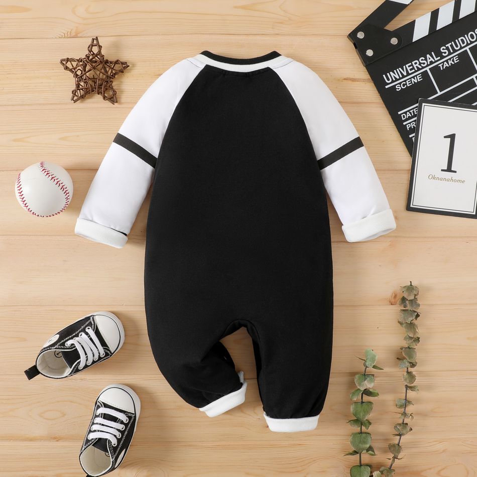 Baby Boy/Girl Raglan-sleeve Letter Print Button Front Jumpsuit Black big image 3